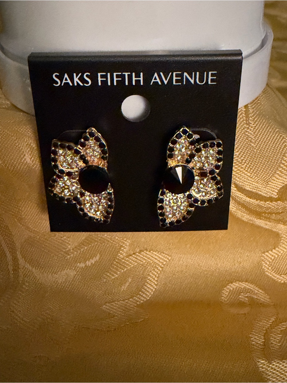 Saks Fifth Avenue Black and Gold Flower Crystal Stud Earrings
